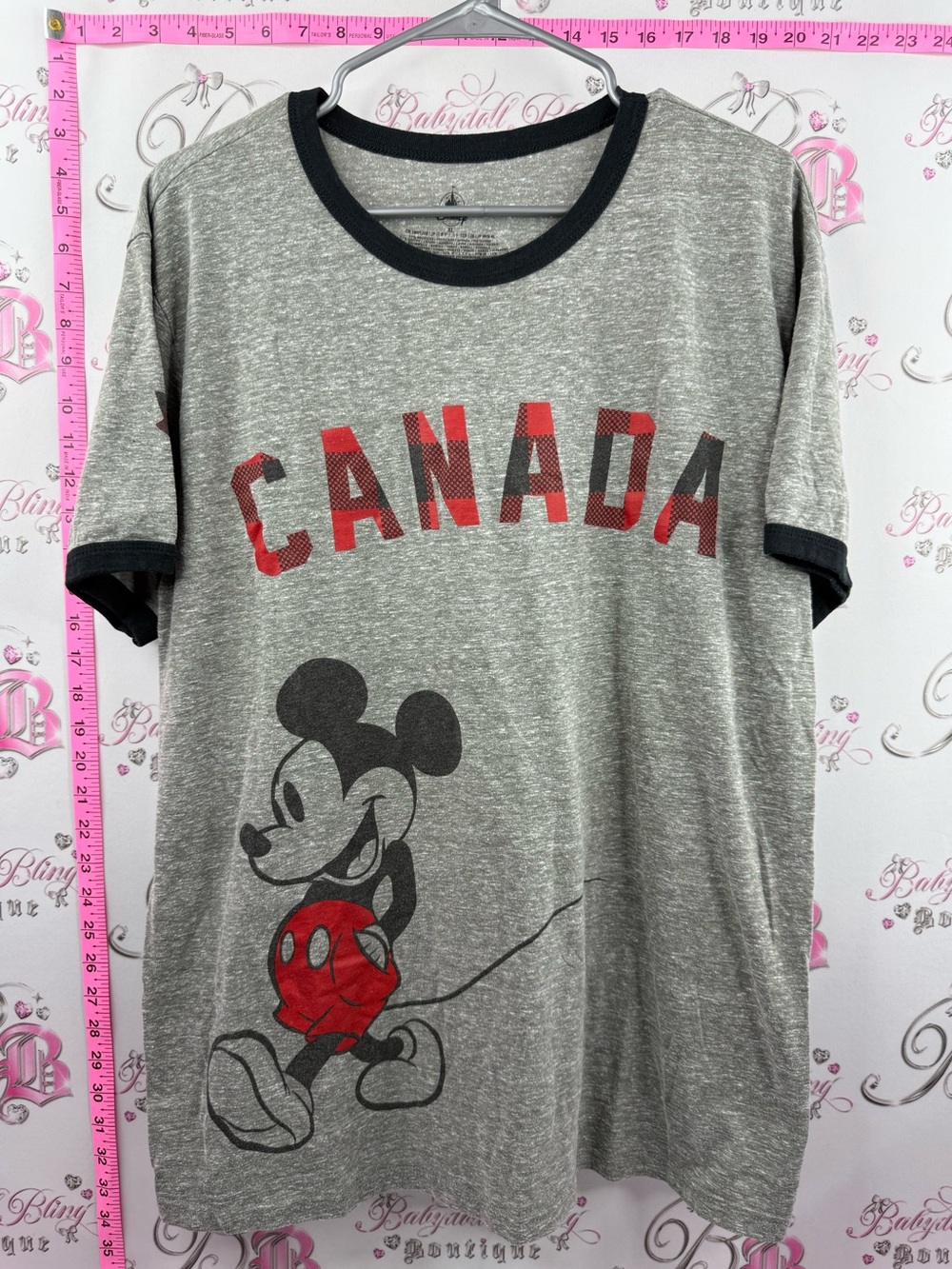 Disney T-shirt plaid Gray Ringer Tee with Red CANADA and Mickey Graphic